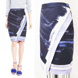 Banana Republic Women's Brushstroke Crossover Pencil Skirt Linen Blend Navy NWT
